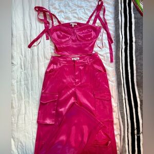 Hot pink satin corset top and cargo pant set